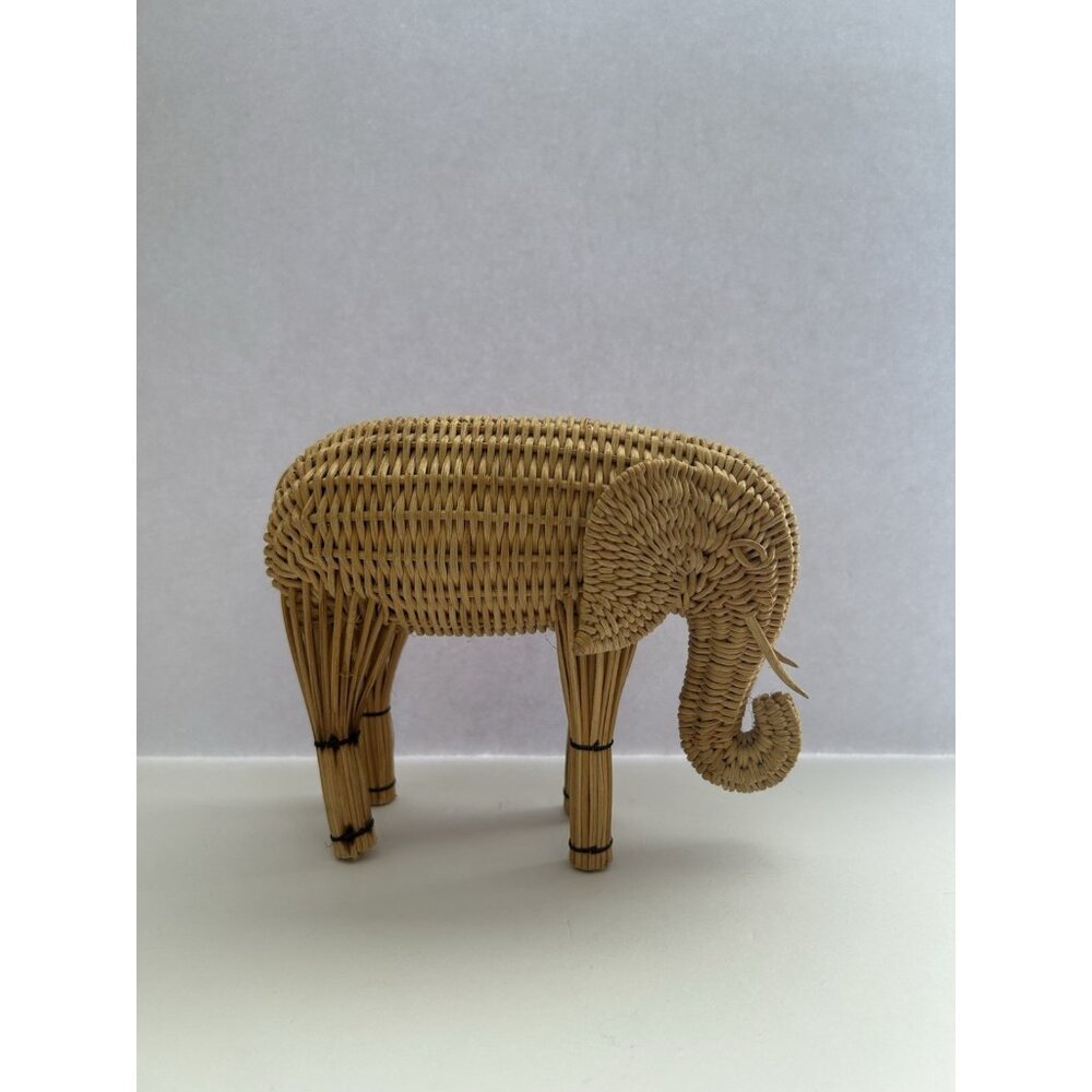 Vintage Wicker Elephant Statue Rattan Natural Handmade 7 inches x 5 1/2 inches